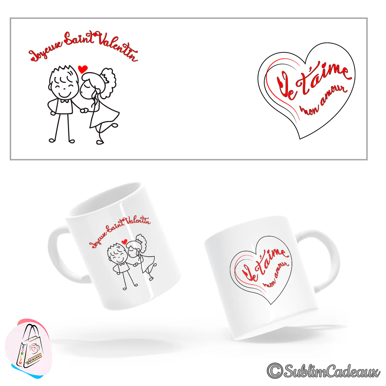 Mug en céramique blanc, couple de personnages dessinés au trait, texte Joyeux Saint Valentin et cœur Je t'aime mon amour