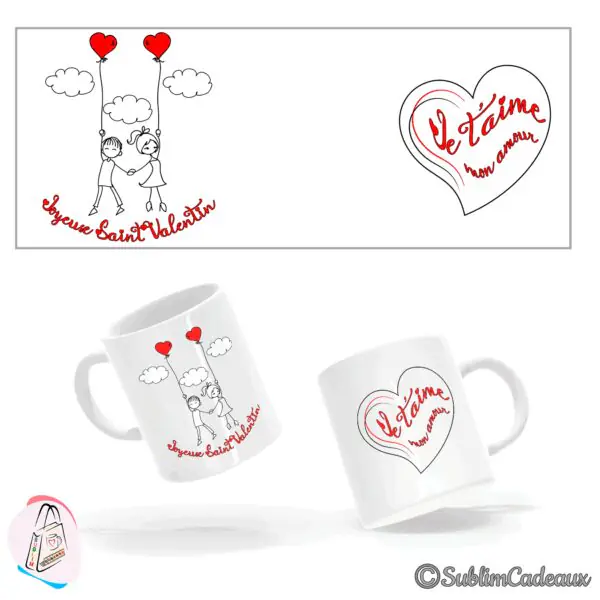 Deux petits personnages suspendus à des ballons en forme de cœur, nuages et texte Joyeux Saint Valentin, sur mug blanc