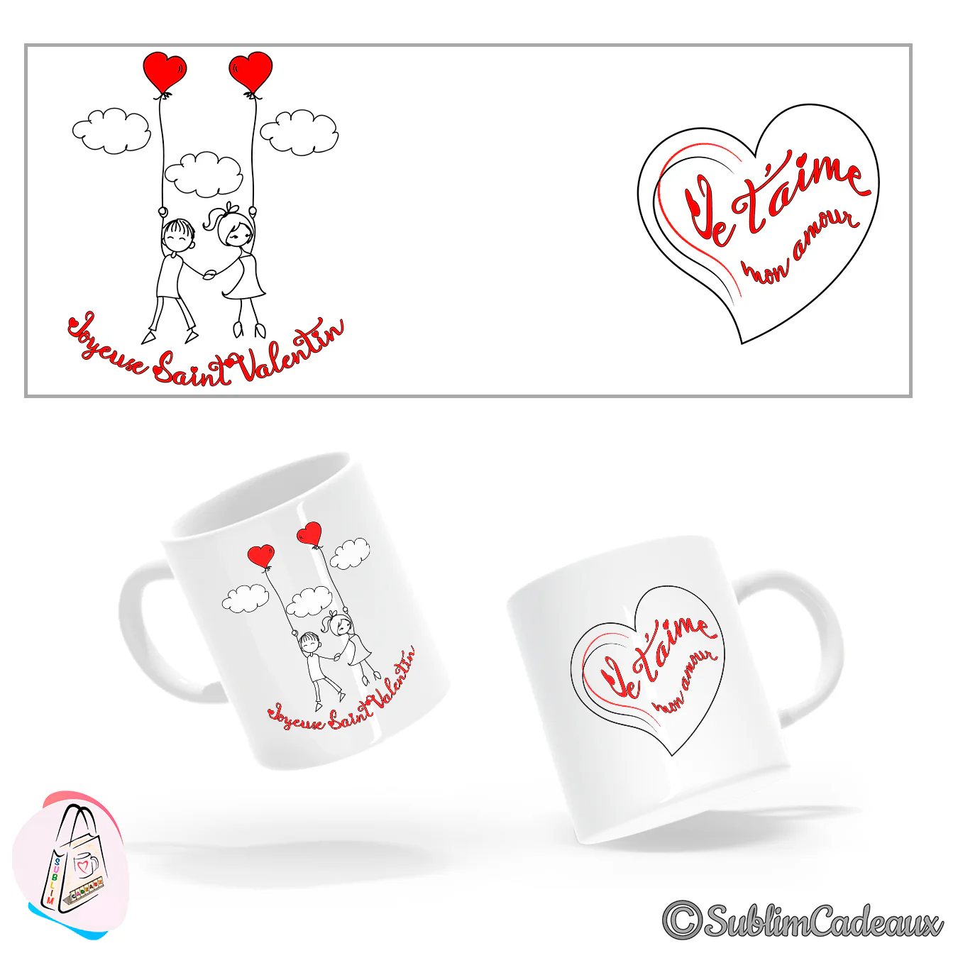 Deux petits personnages suspendus à des ballons en forme de cœur, nuages et texte Joyeux Saint Valentin, sur mug blanc