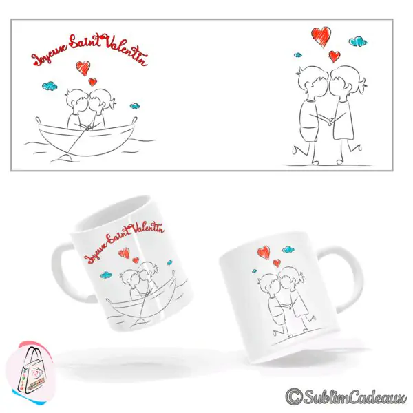 Mug blanc au dessin d'un couple dans une barque, avec cœurs, nuages colorés et le texte Joyeux Saint Valentin