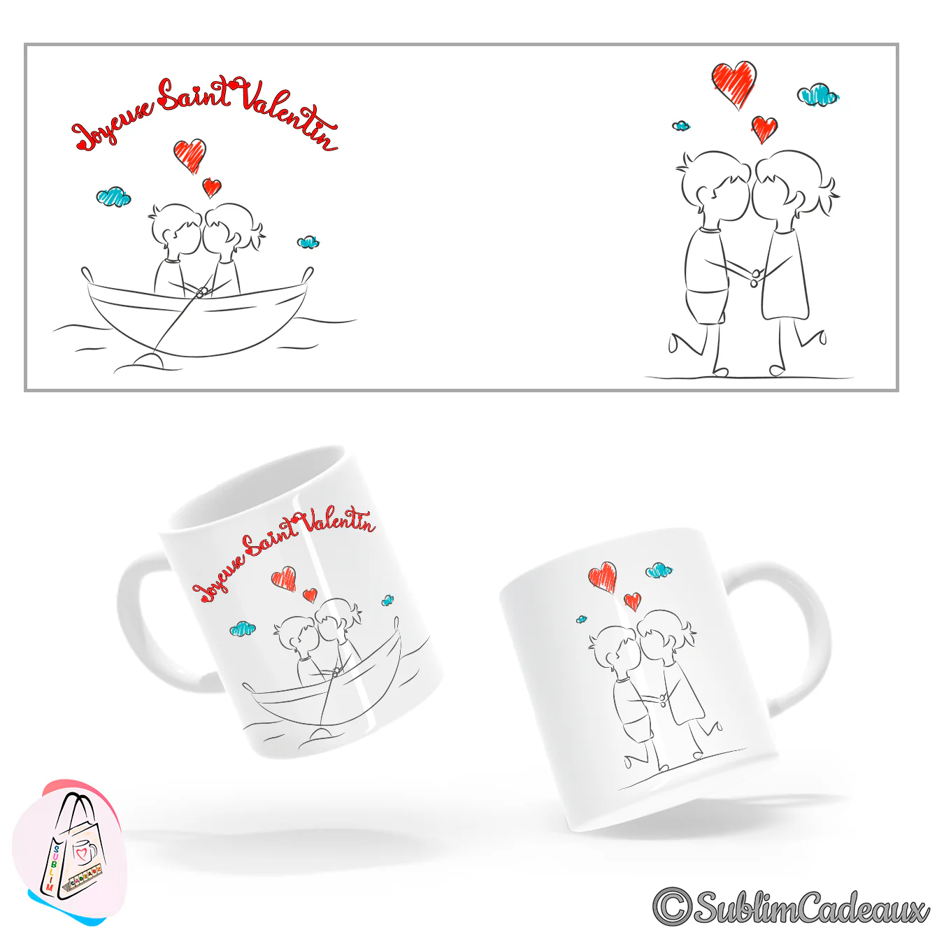 Mug blanc au dessin d'un couple dans une barque, avec cœurs, nuages colorés et le texte Joyeux Saint Valentin