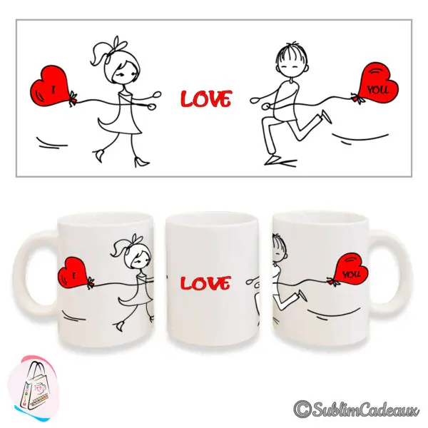 Personnages dessinés courant avec des ballons cœur formant I Love You en rouge, imprimés sur mug en céramique blanc