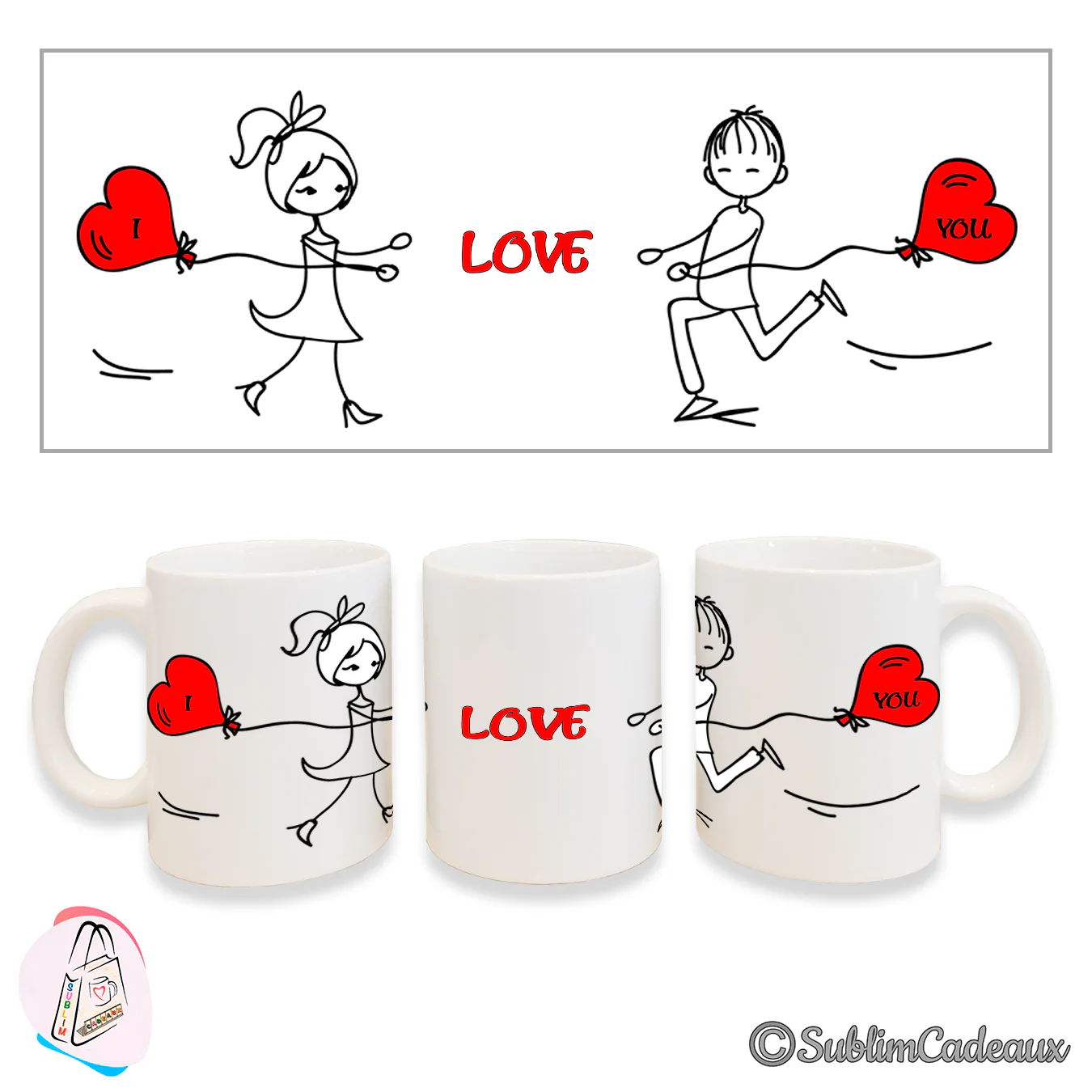 Personnages dessinés courant avec des ballons cœur formant I Love You en rouge, imprimés sur mug en céramique blanc