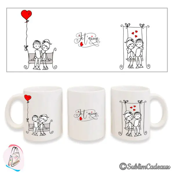 Mug en céramique blanc, couple assis sous un ballon en forme de cœur rouge et mot Je t'aime en écriture fine
