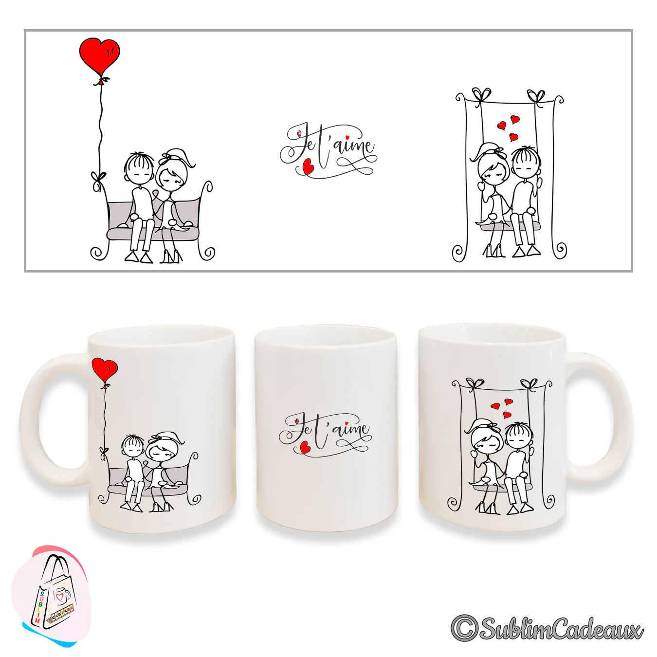 Mug en céramique blanc, couple assis sous un ballon en forme de cœur rouge et mot Je t'aime en écriture fine