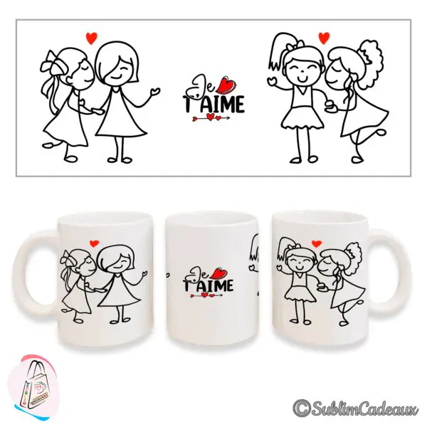 Deux personnages féminins enlacés, cœur rouge et lettrage Je t'aime, imprimés sur mug en céramique blanc