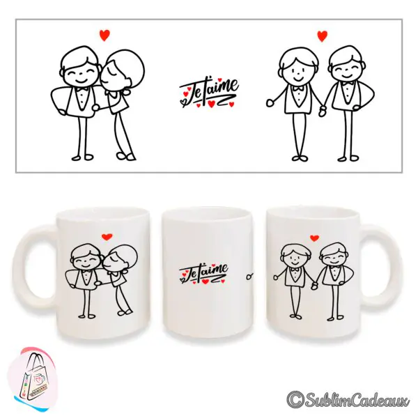 Couples de personnages enlacés au trait noir, petit cœur rouge et texte Je t'aime, sur mug en céramique blanc