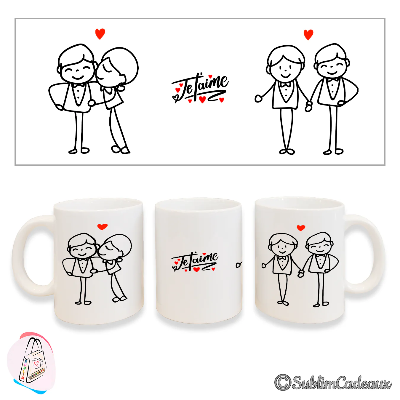 Couples de personnages enlacés au trait noir, petit cœur rouge et texte Je t'aime, sur mug en céramique blanc