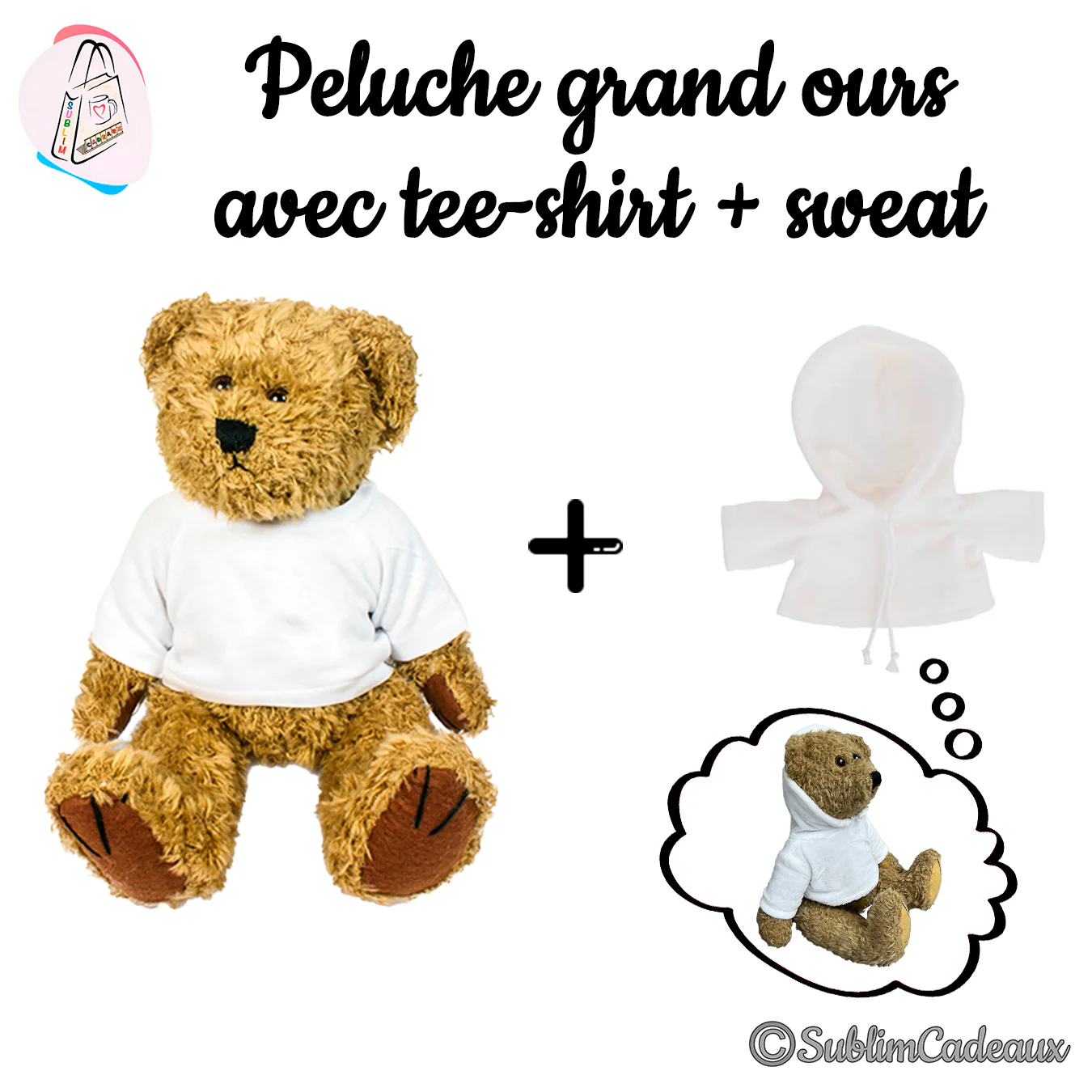 Grande peluche ours brun en tee-shirt blanc, accompagnée d'un petit sweat à capuche blanc