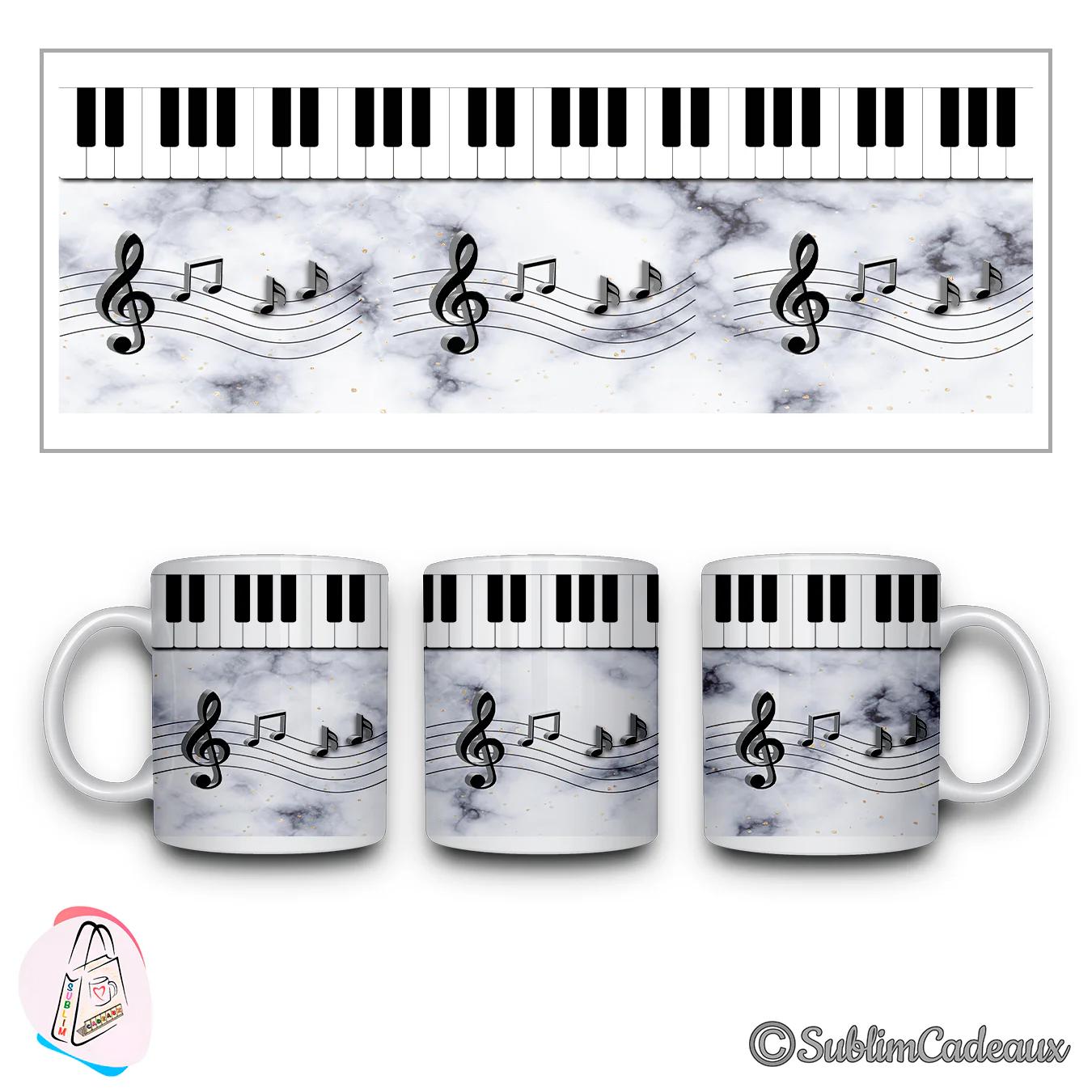 Mug en céramique orné d'un clavier de piano et d'une portée musicale avec notes, sur fond marbré gris et blanc