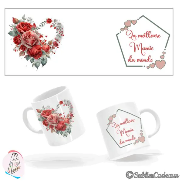Bouquet de roses rouges en forme de cœur et texte La meilleure Mamie du monde, sur mug en céramique blanc