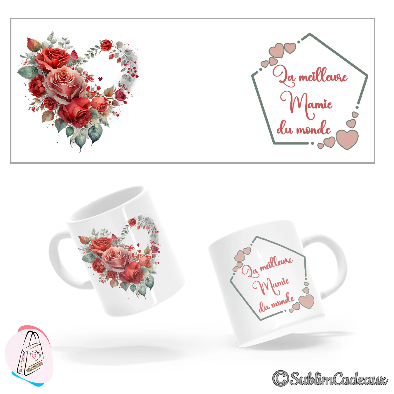 Bouquet de roses rouges en forme de cœur et texte La meilleure Mamie du monde, sur mug en céramique blanc