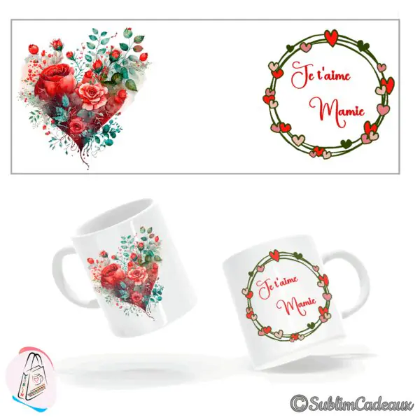 Cœur fleuri de roses rouges et couronne de petits cœurs entourant le texte Je t'aime Mamie, sur mug blanc