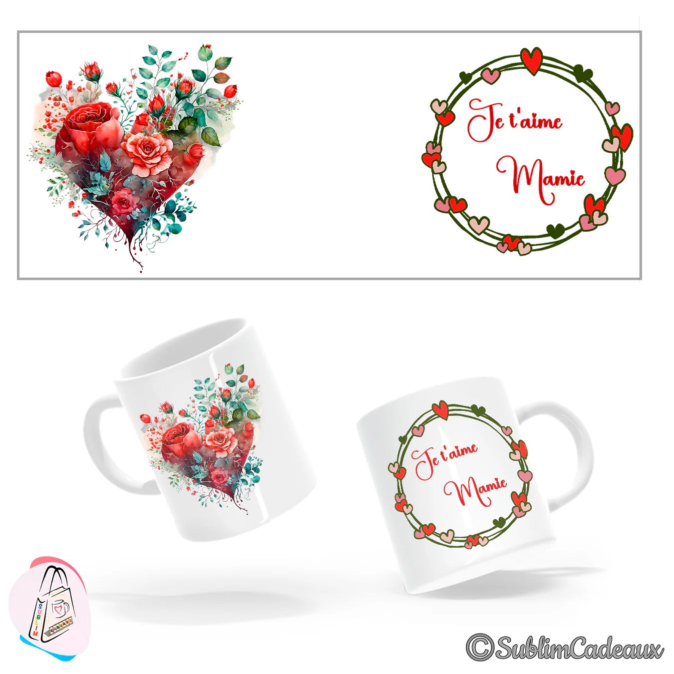 Cœur fleuri de roses rouges et couronne de petits cœurs entourant le texte Je t'aime Mamie, sur mug blanc
