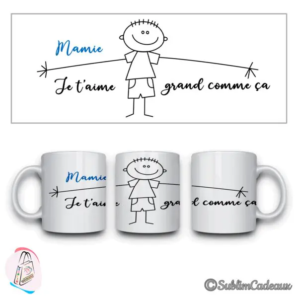 Mug blanc, petit garçon dessiné bras écartés et texte manuscrit Mamie je t'aime grand comme ça
