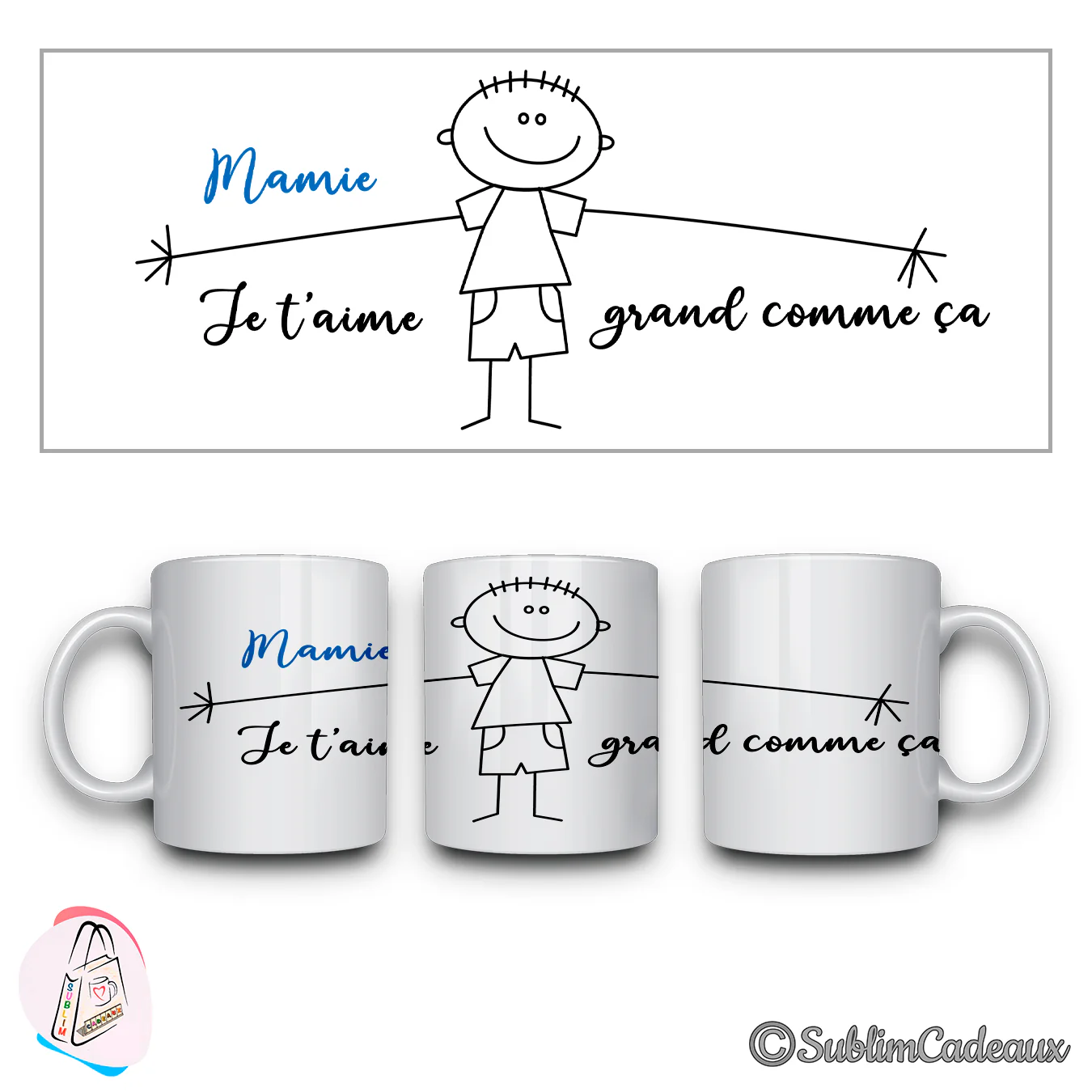 Mug blanc, petit garçon dessiné bras écartés et texte manuscrit Mamie je t'aime grand comme ça