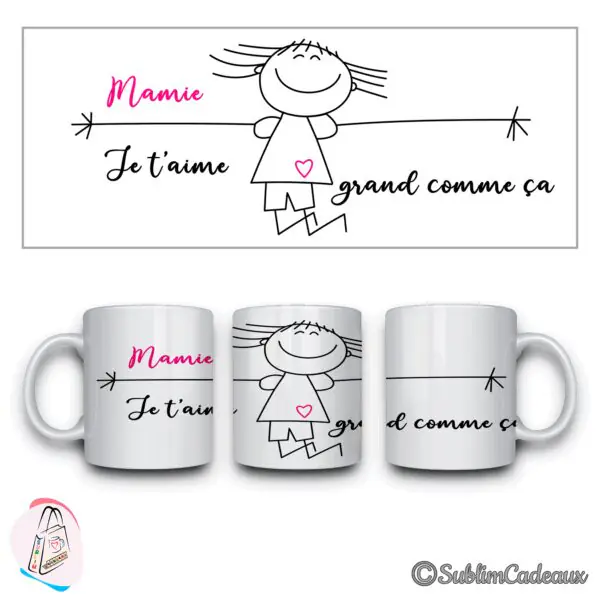 Fillette dessinée bras grands ouverts, cœur rose sur la robe et texte Mamie je t'aime grand comme ça, sur mug blanc