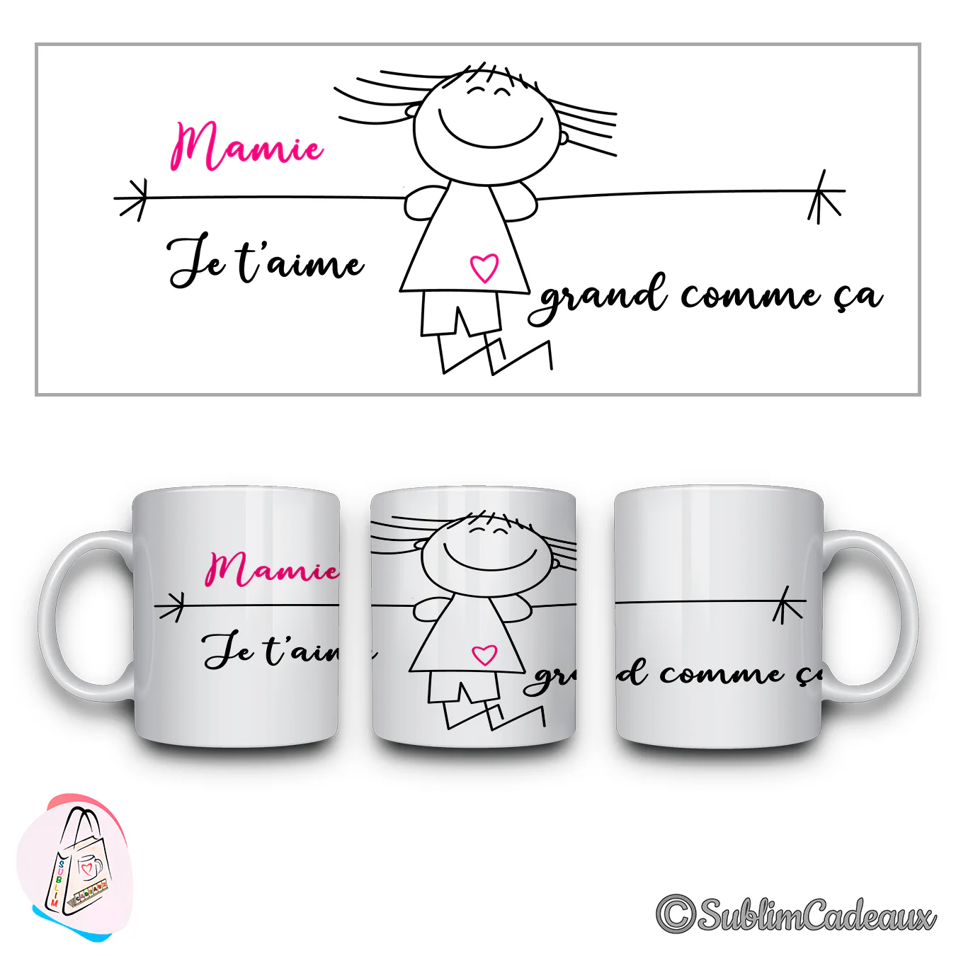Fillette dessinée bras grands ouverts, cœur rose sur la robe et texte Mamie je t'aime grand comme ça, sur mug blanc