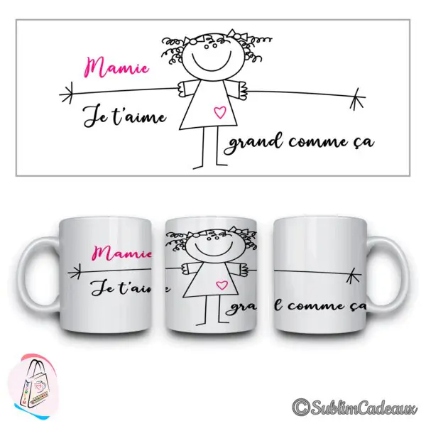 Mug blanc au dessin d'une fillette aux cheveux bouclés, bras tendus et texte Mamie je t'aime grand comme ça