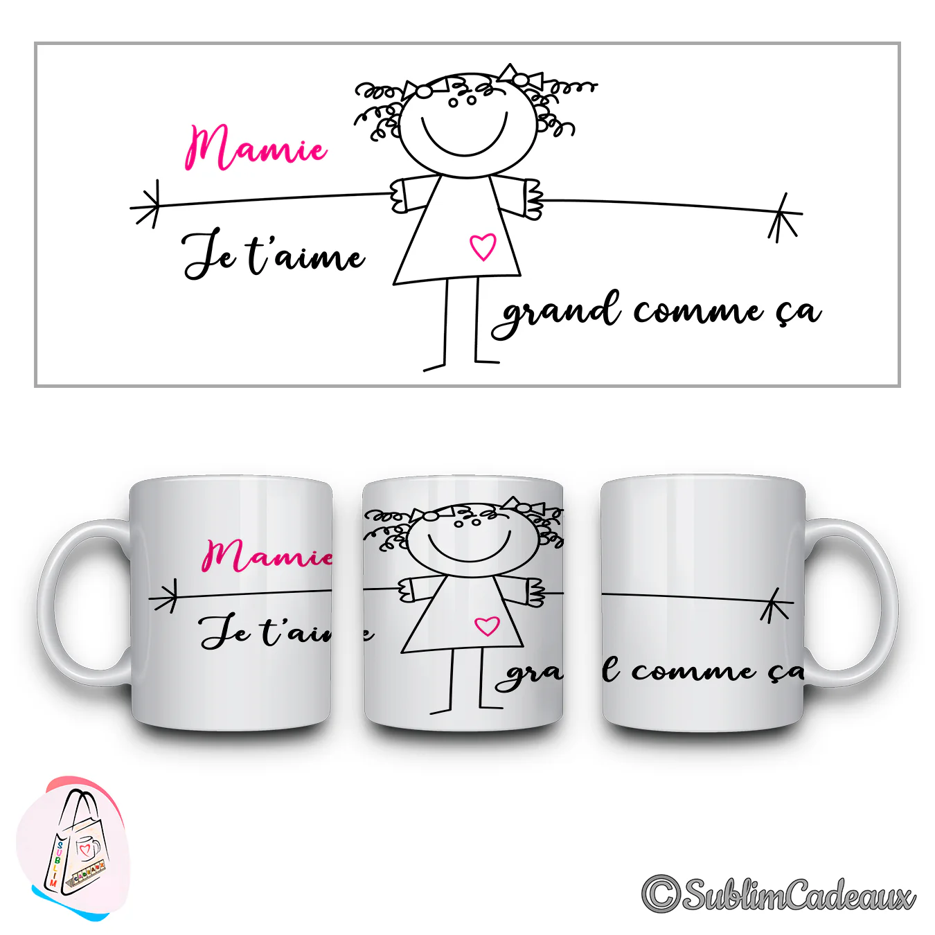 Mug blanc au dessin d'une fillette aux cheveux bouclés, bras tendus et texte Mamie je t'aime grand comme ça
