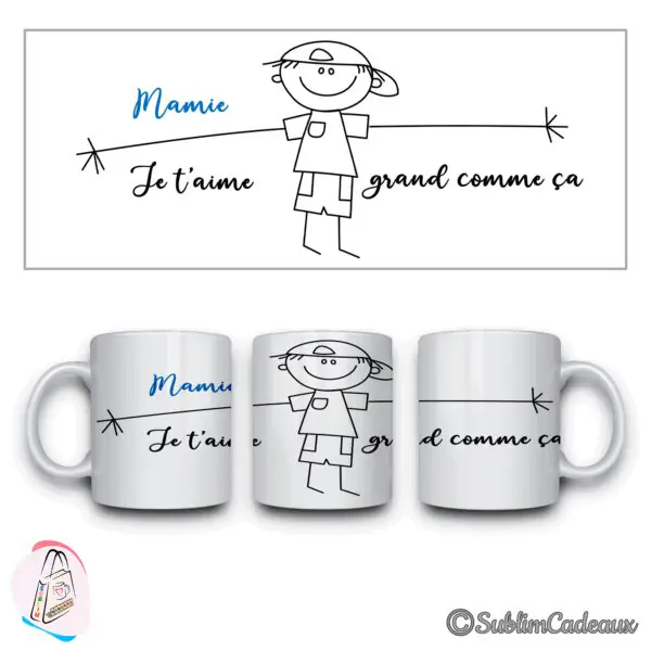 Personnage dessiné coiffé d'une casquette, bras écartés et texte Mamie je t'aime grand comme ça, sur mug blanc