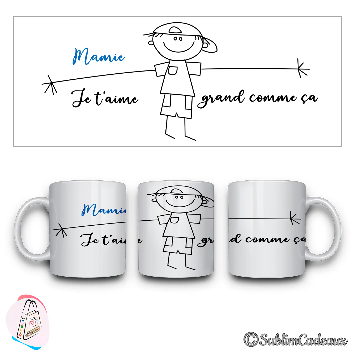 Personnage dessiné coiffé d'une casquette, bras écartés et texte Mamie je t'aime grand comme ça, sur mug blanc