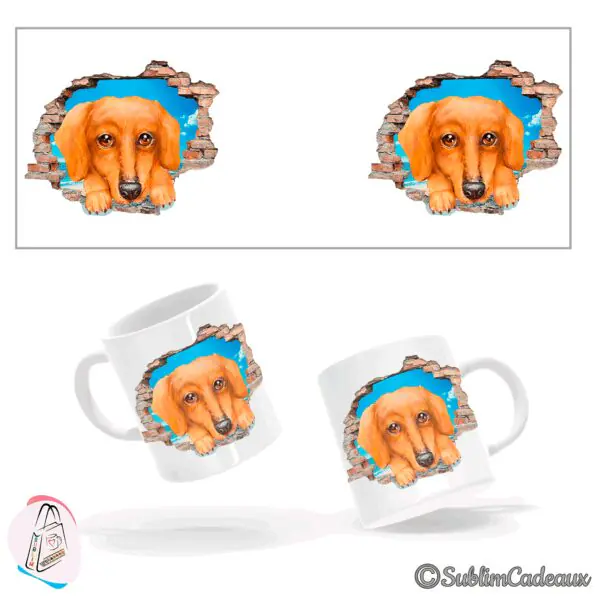 Mug en céramique blanc, illustration d'un teckel roux passant la tête à travers un mur de briques cassé, ciel bleu