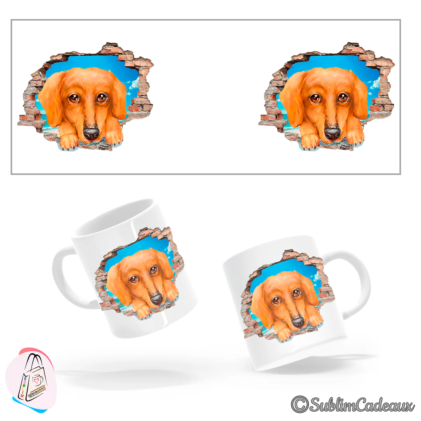 Mug en céramique blanc, illustration d'un teckel roux passant la tête à travers un mur de briques cassé, ciel bleu