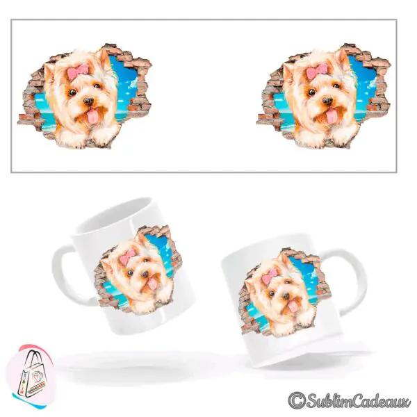 Yorkshire terrier au nœud rose surgissant d'un mur de briques brisé face à la mer, imprimé sur mug blanc