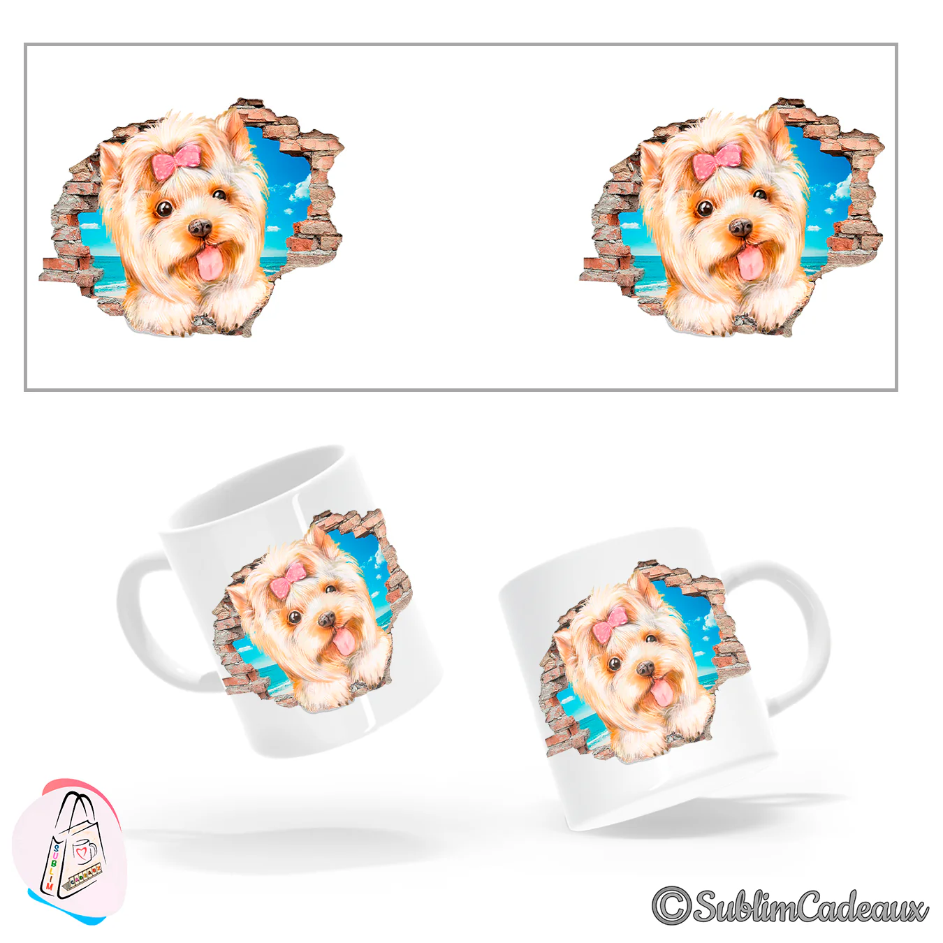Yorkshire terrier au nœud rose surgissant d'un mur de briques brisé face à la mer, imprimé sur mug blanc