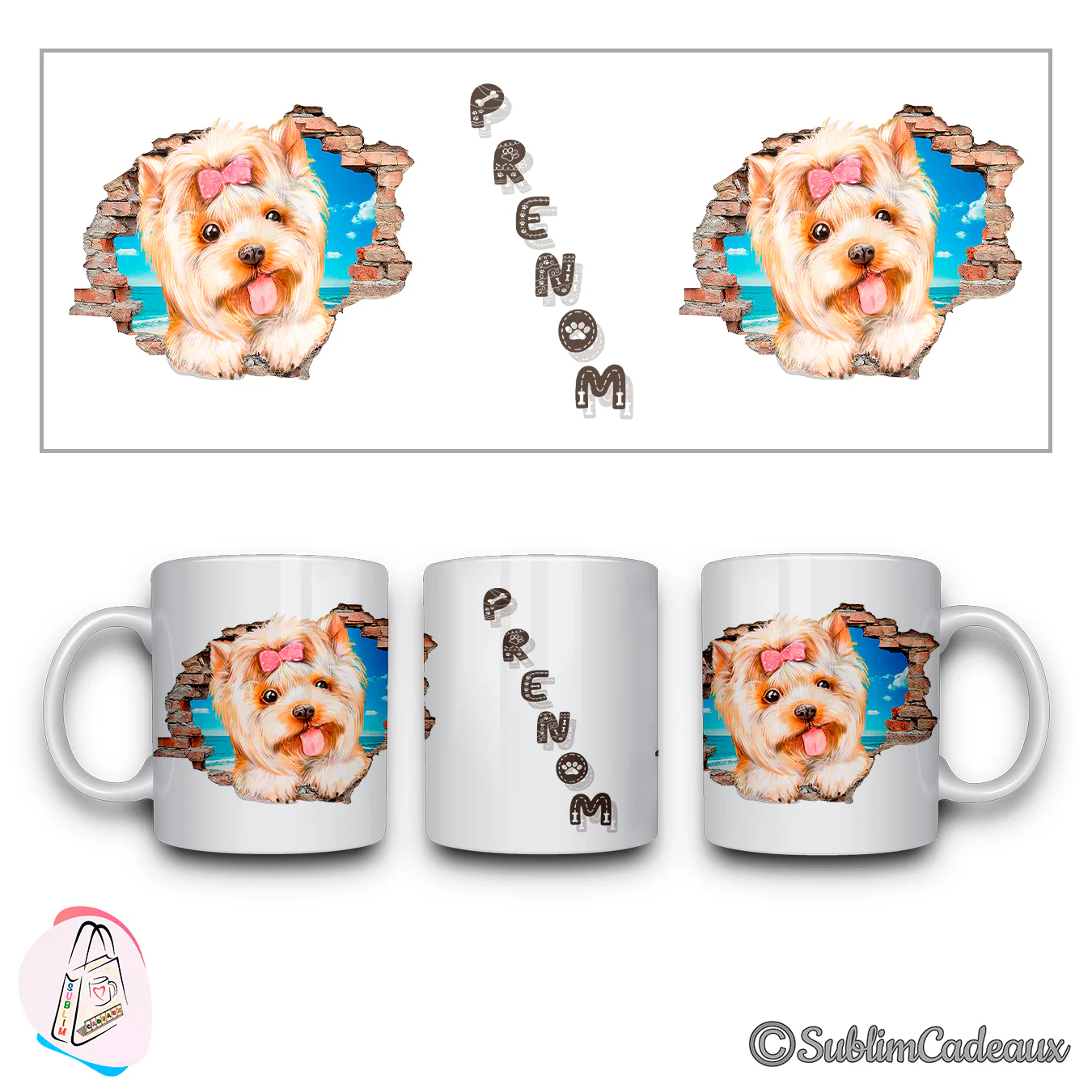Mug en céramique blanc, illustration d'un yorkshire au nœud rose surgissant d'un mur de briques cassé sur fond de plage