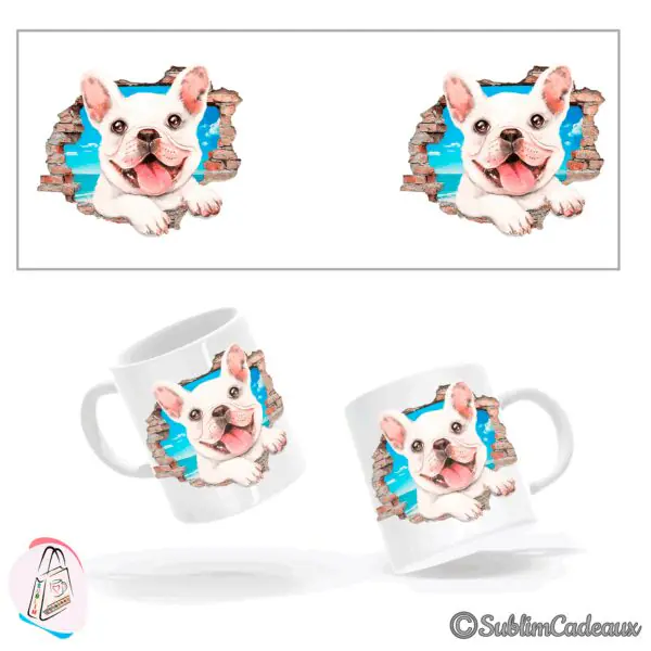 Bouledogue français blanc, langue sortie, passant à travers un mur de briques cassé, sur mug en céramique blanc