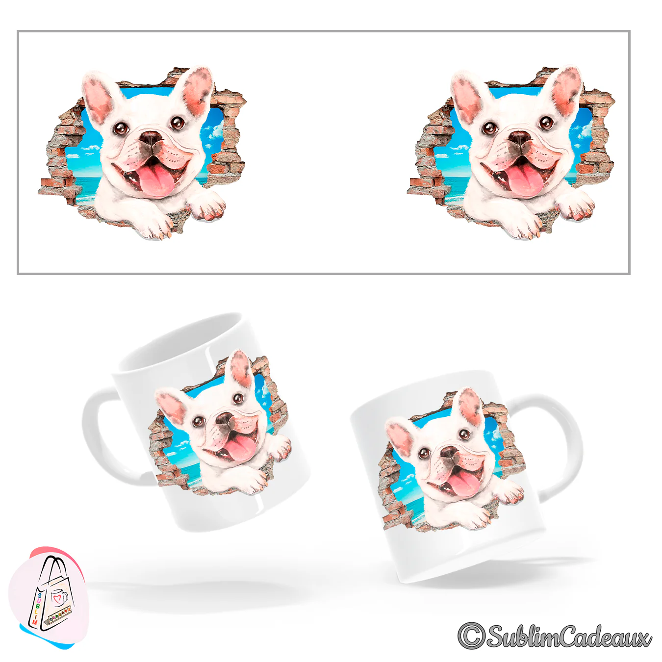 Bouledogue français blanc, langue sortie, passant à travers un mur de briques cassé, sur mug en céramique blanc