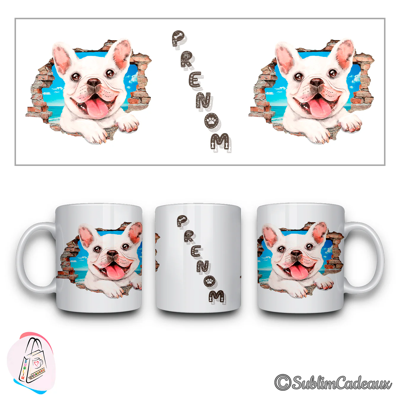 Mug blanc en céramique orné d'un bouledogue blanc tirant la langue, sortant d'un mur de briques face à la mer
