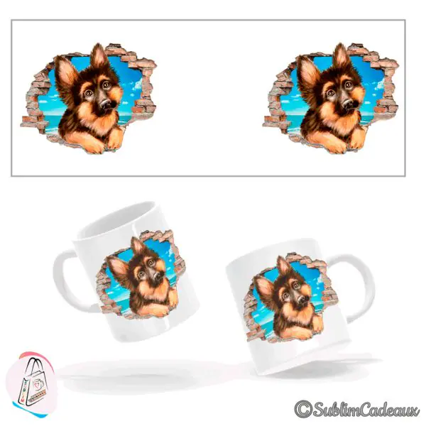 Berger allemand aux grandes oreilles émergeant d'un mur de briques éclaté devant la mer, sur mug en céramique blanc