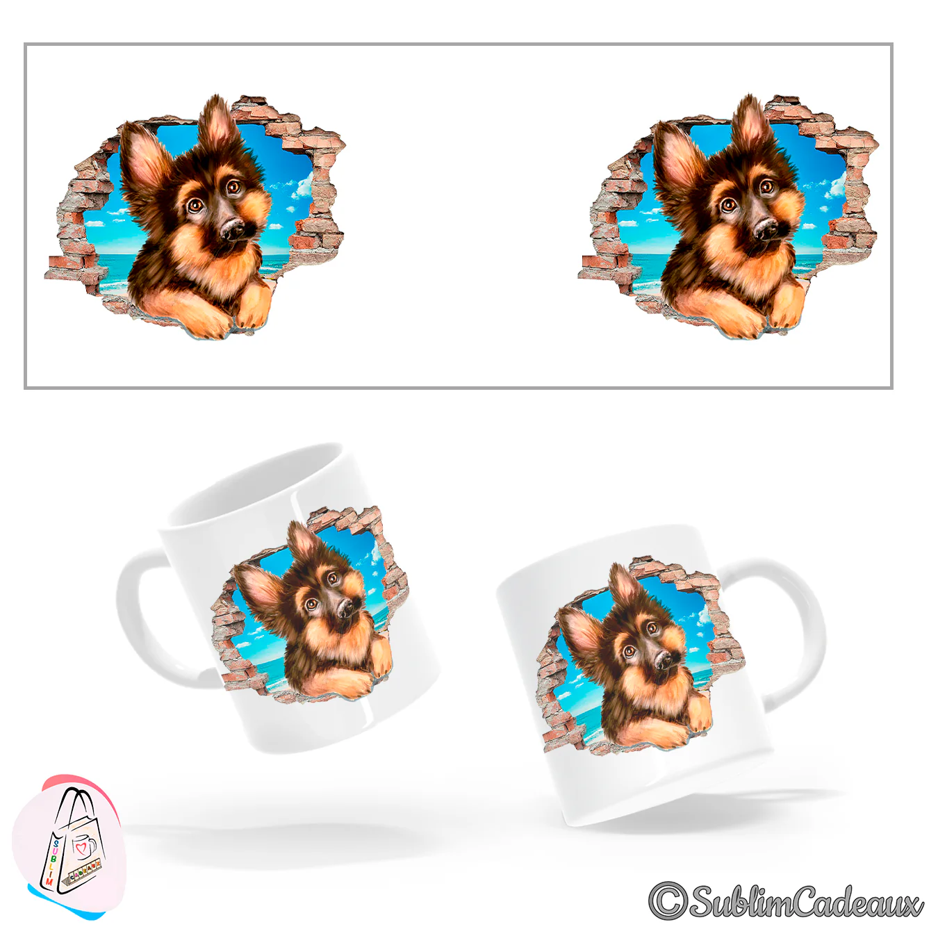 Berger allemand aux grandes oreilles émergeant d'un mur de briques éclaté devant la mer, sur mug en céramique blanc
