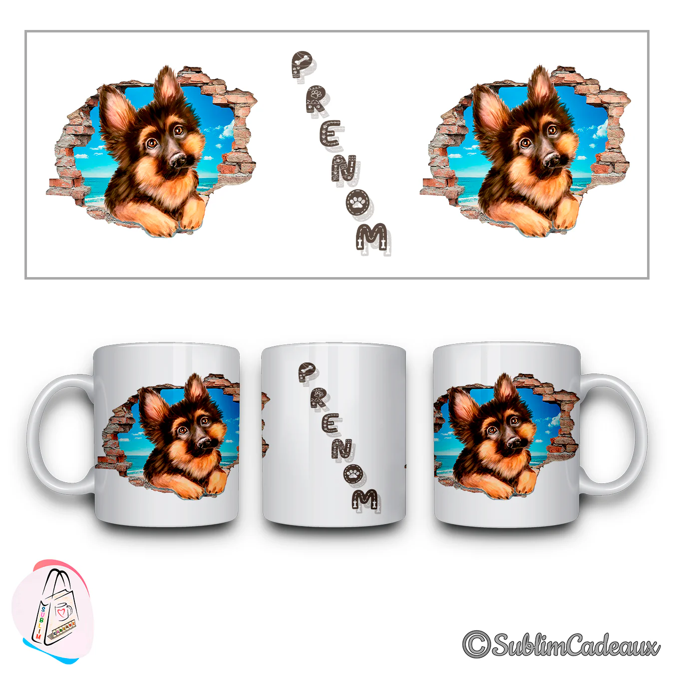 Illustration d'un berger allemand jaillissant d'un mur de briques brisé, imprimée sur un mug blanc, décor de plage