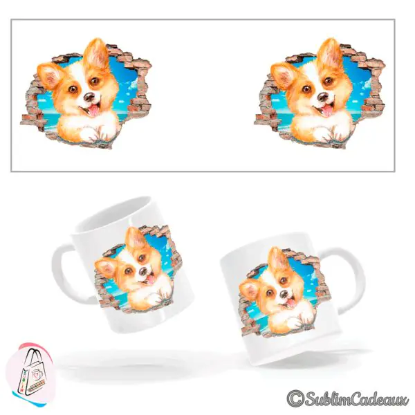 Corgi roux et blanc surgissant d'un mur de briques brisé face à l'océan, illustration imprimée sur mug blanc