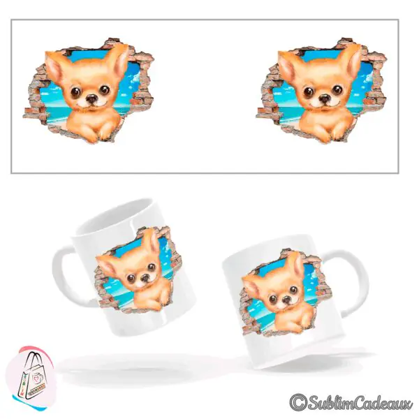Mug en céramique blanc, chihuahua crème aux grandes oreilles sublimé, sortant d'un mur de briques brisé, mer en fond