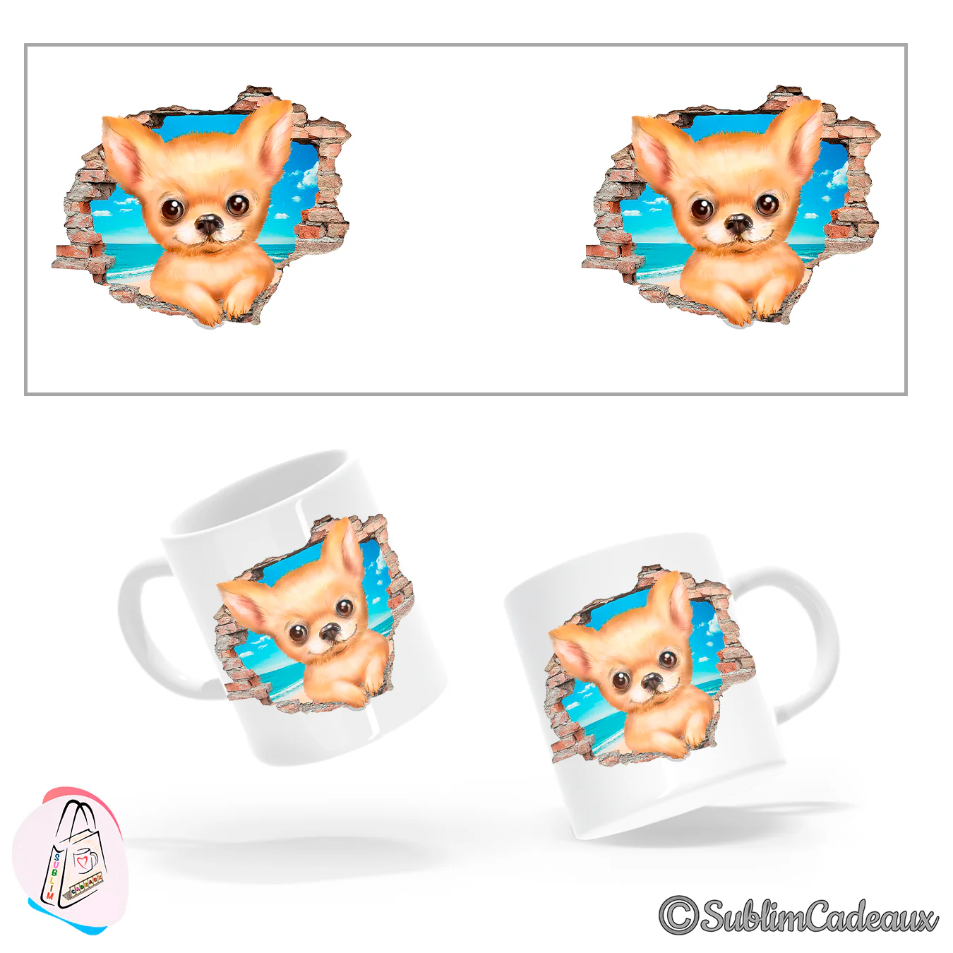 Mug en céramique blanc, chihuahua crème aux grandes oreilles sublimé, sortant d'un mur de briques brisé, mer en fond