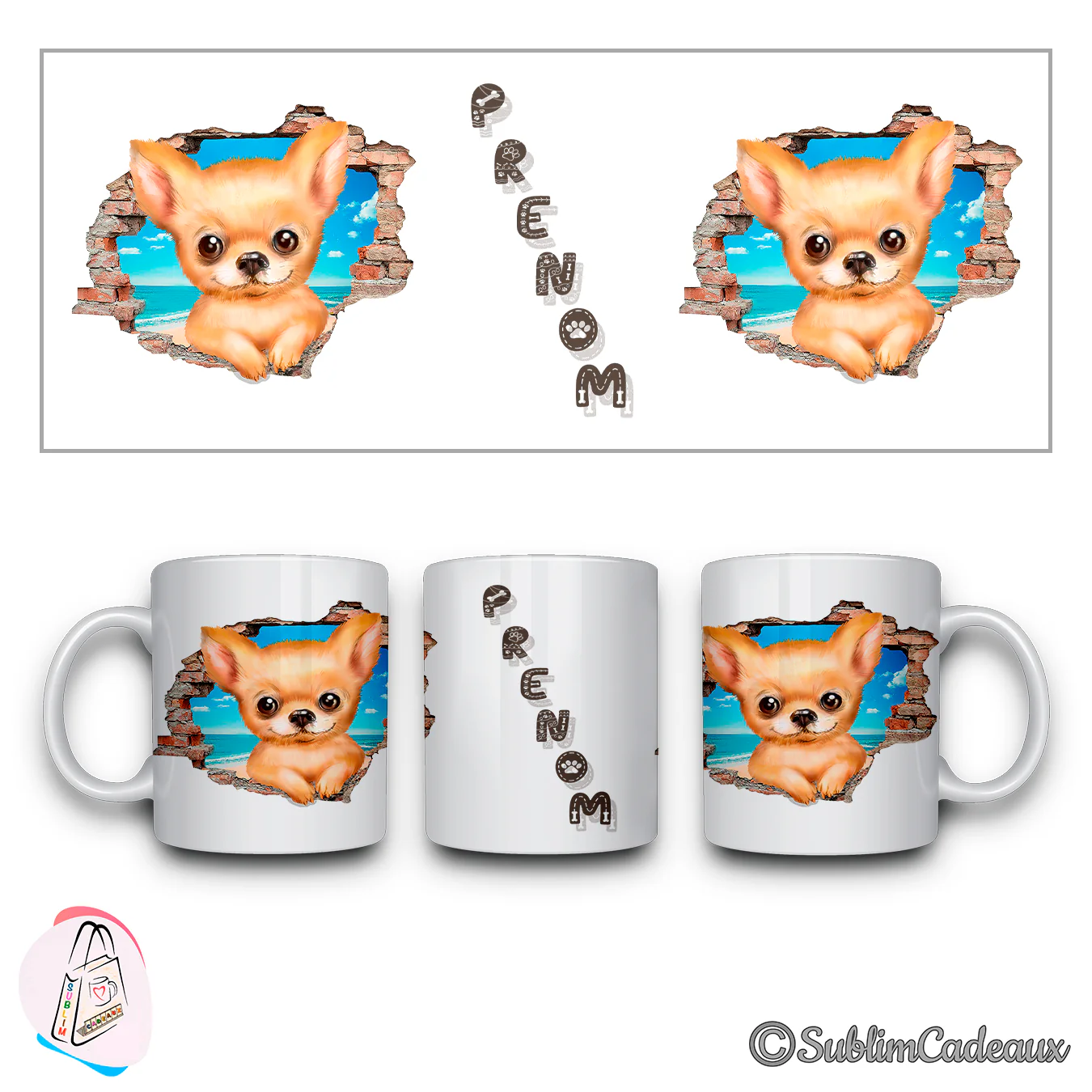 Chihuahua fauve aux grandes oreilles surgissant d'un mur de briques cassé face à la mer, imprimé sur un mug blanc