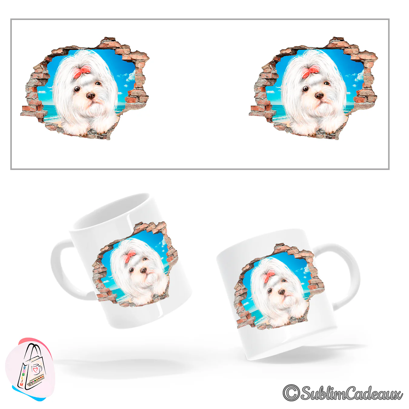 Mug blanc, bichon maltais blanc au nœud orange imprimé, surgissant d'un mur de briques cassé sur fond de plage