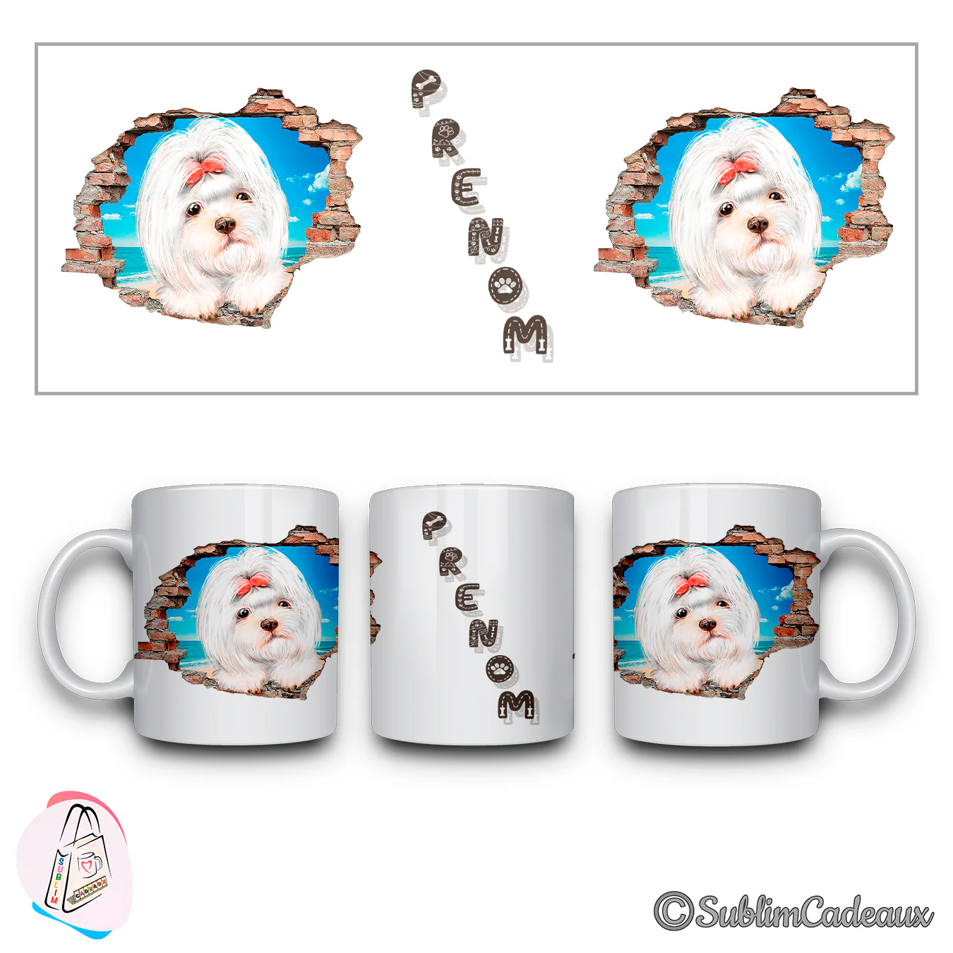Bichon maltais blanc à nœud rouge sortant d'un mur de briques cassé sur fond de plage, décor imprimé sur un mug