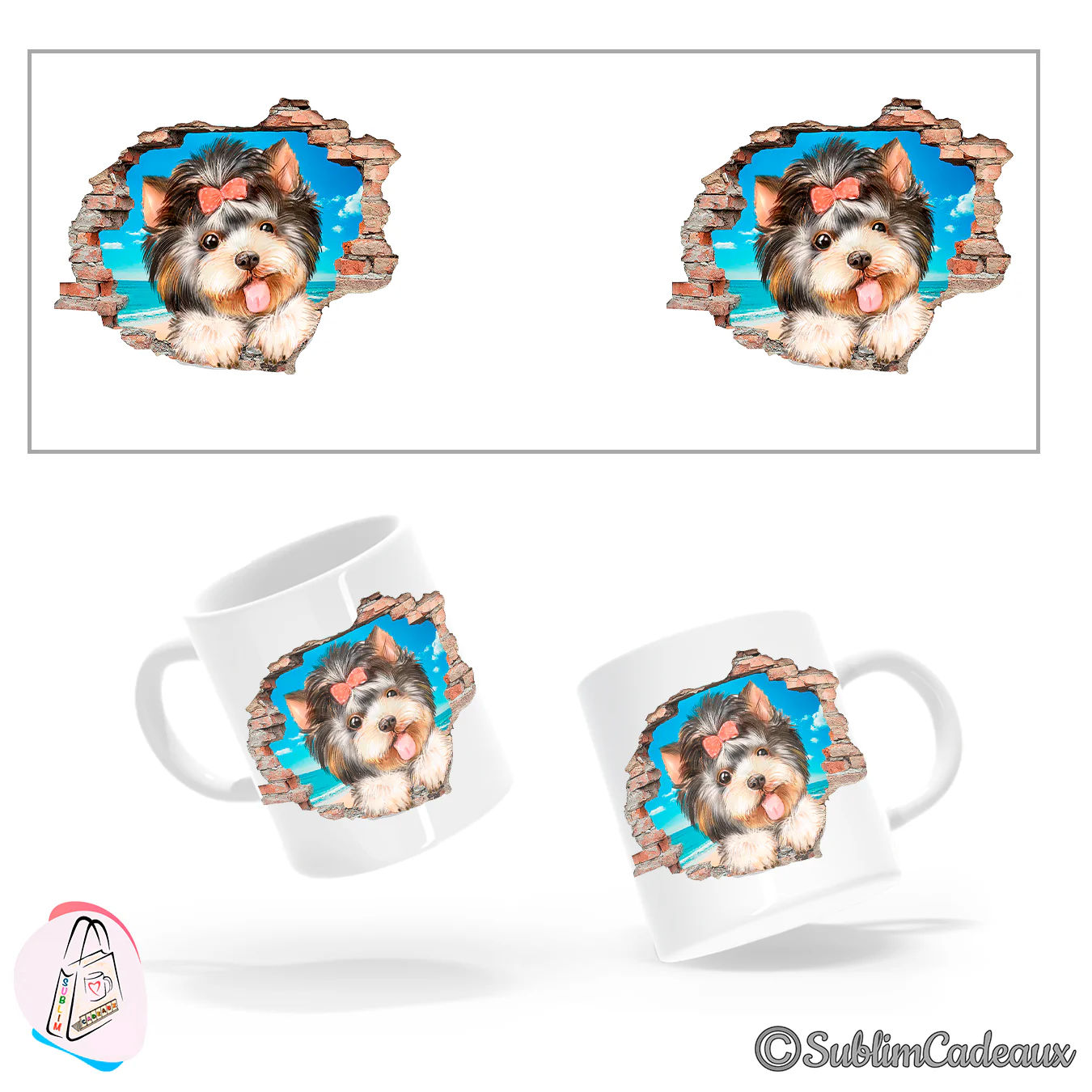 Mug en céramique blanc, petit terrier noir et fauve au nœud rose sublimé, surgissant d'un mur de briques, mer à l'arrière