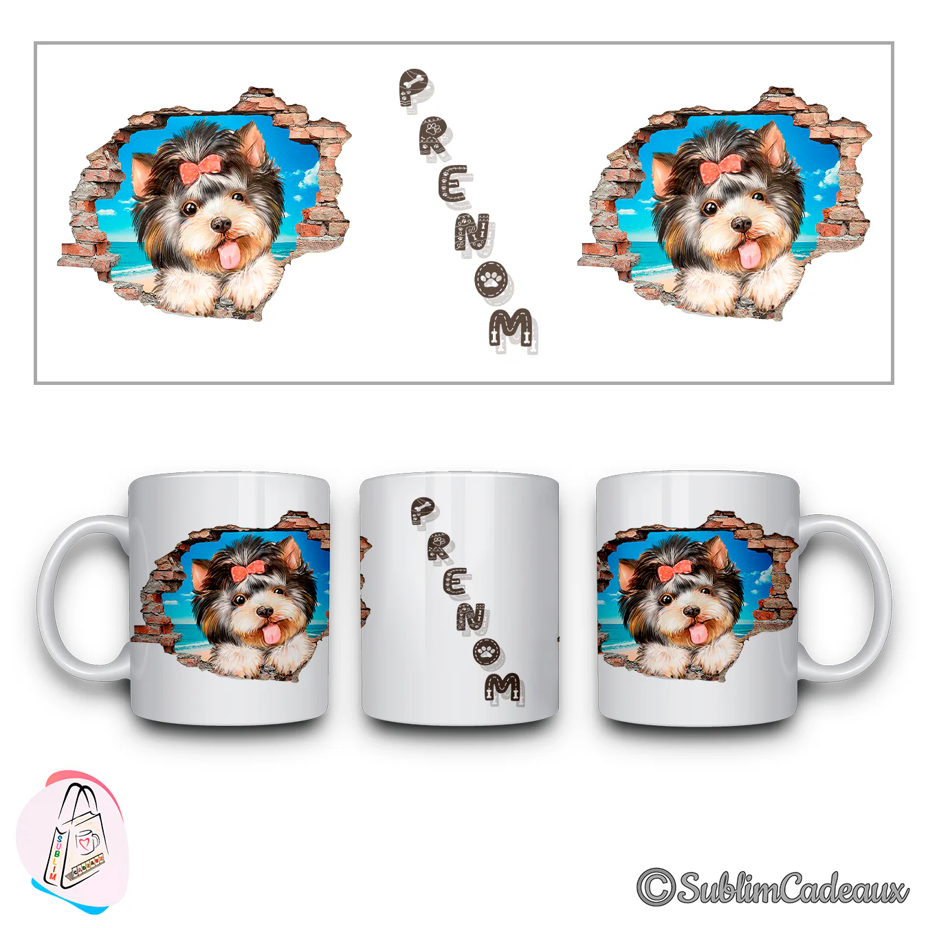 Terrier tricolore au nœud corail, langue sortie, passant par un mur de briques cassé, imprimé sur un mug blanc