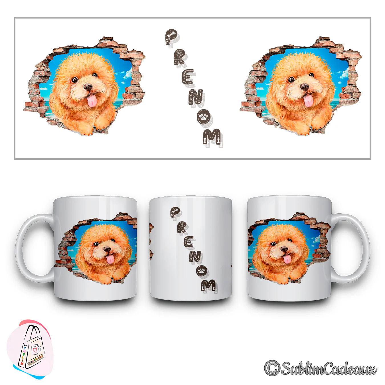 Mug blanc illustré d'un caniche abricot au poil bouclé, tirant la langue dans un mur de briques cassé, fond de plage
