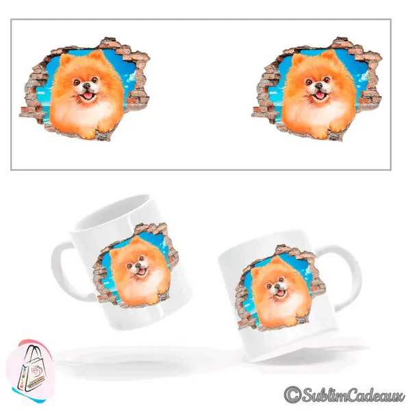 Mug en céramique blanc, spitz nain orange tout en fourrure sublimé, sortant d'un mur de briques, mer en arrière-plan