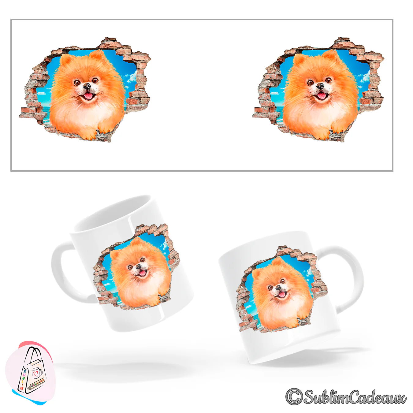 Mug en céramique blanc, spitz nain orange tout en fourrure sublimé, sortant d'un mur de briques, mer en arrière-plan