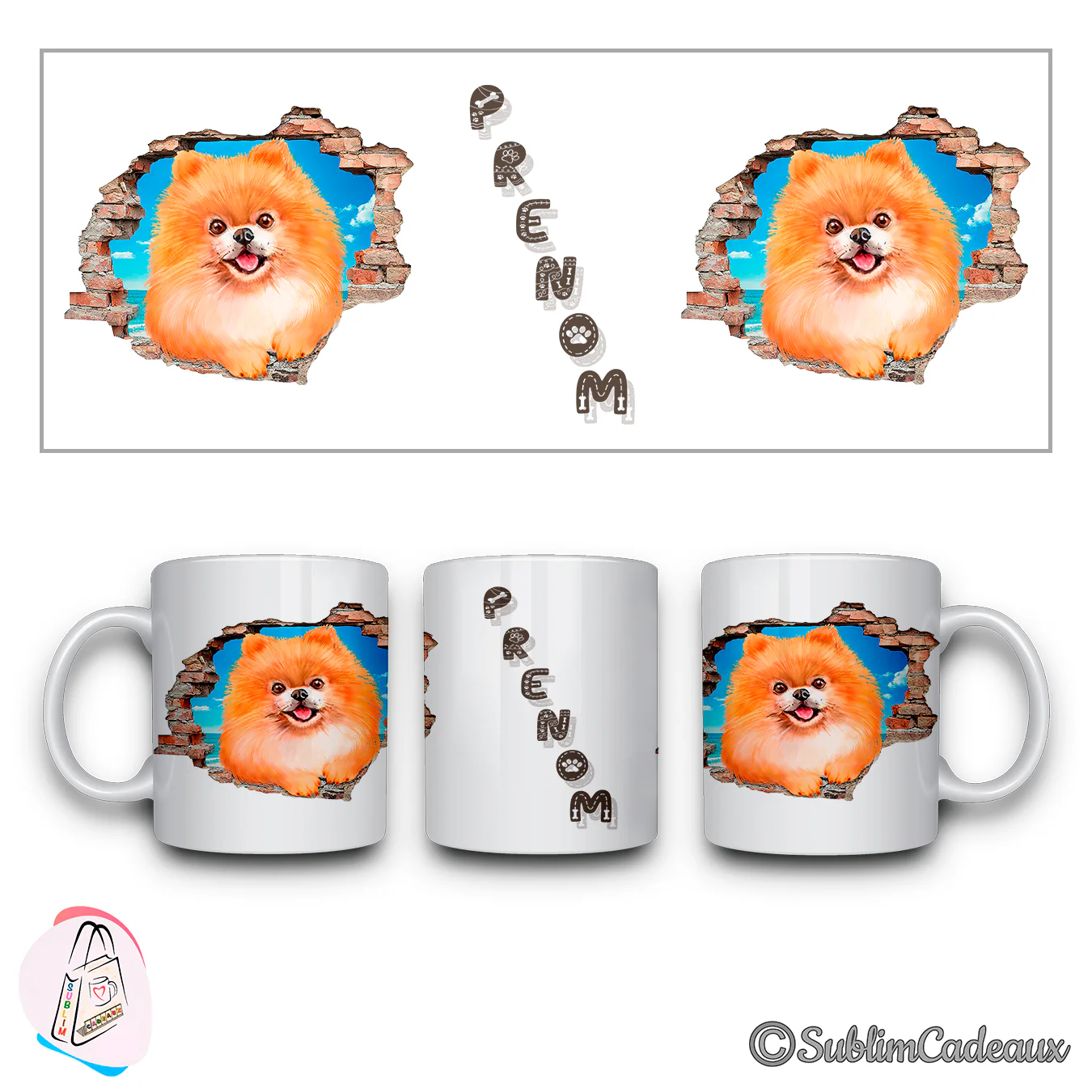 Spitz nain orange au pelage duveteux jaillissant d'un mur de briques cassé, illustration imprimée sur un mug blanc