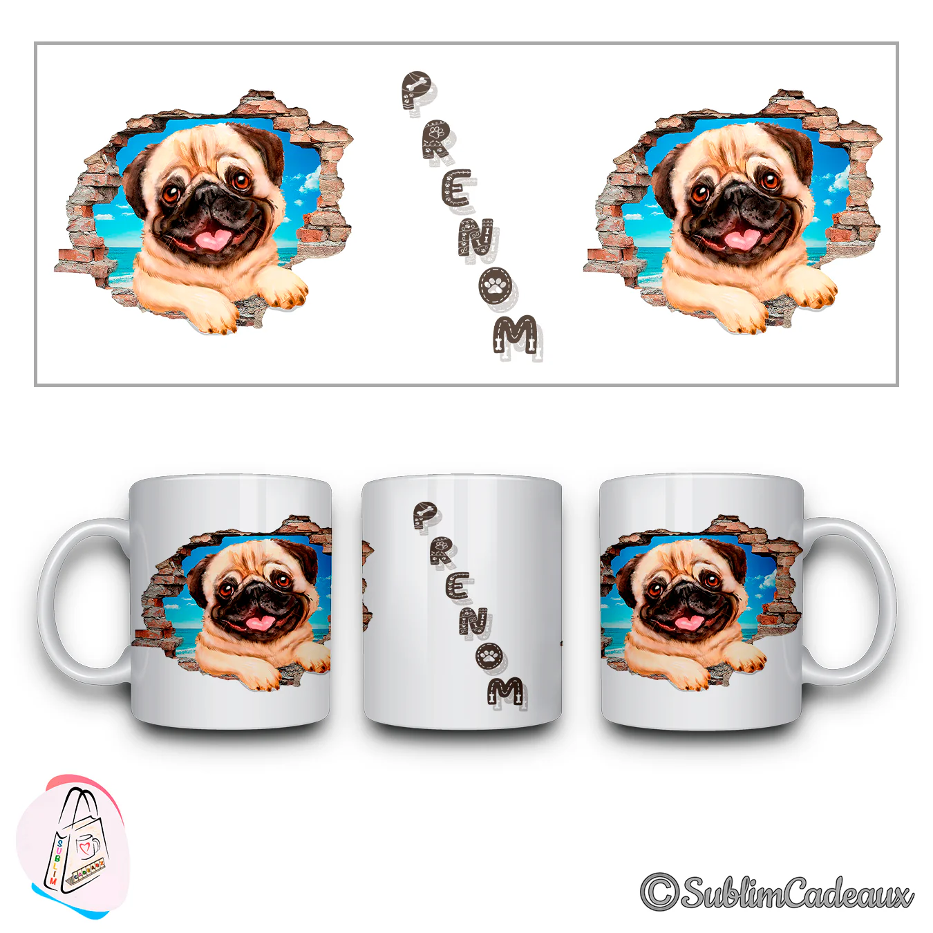 Carlin fauve au masque noir, langue sortie, sortant d'un mur de briques cassé face à la mer, imprimé sur un mug blanc
